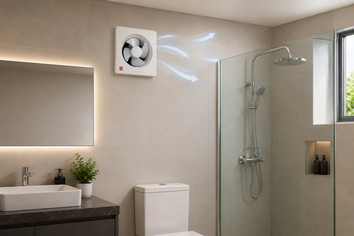 Bathroom wall exhaust fan removing humid air from a shower room