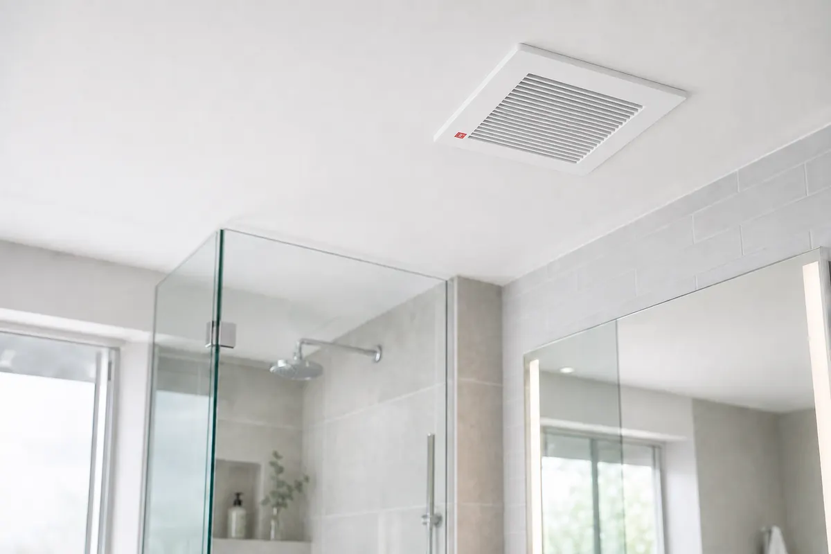 Ceiling exhaust fan installed above a bathroom shower area