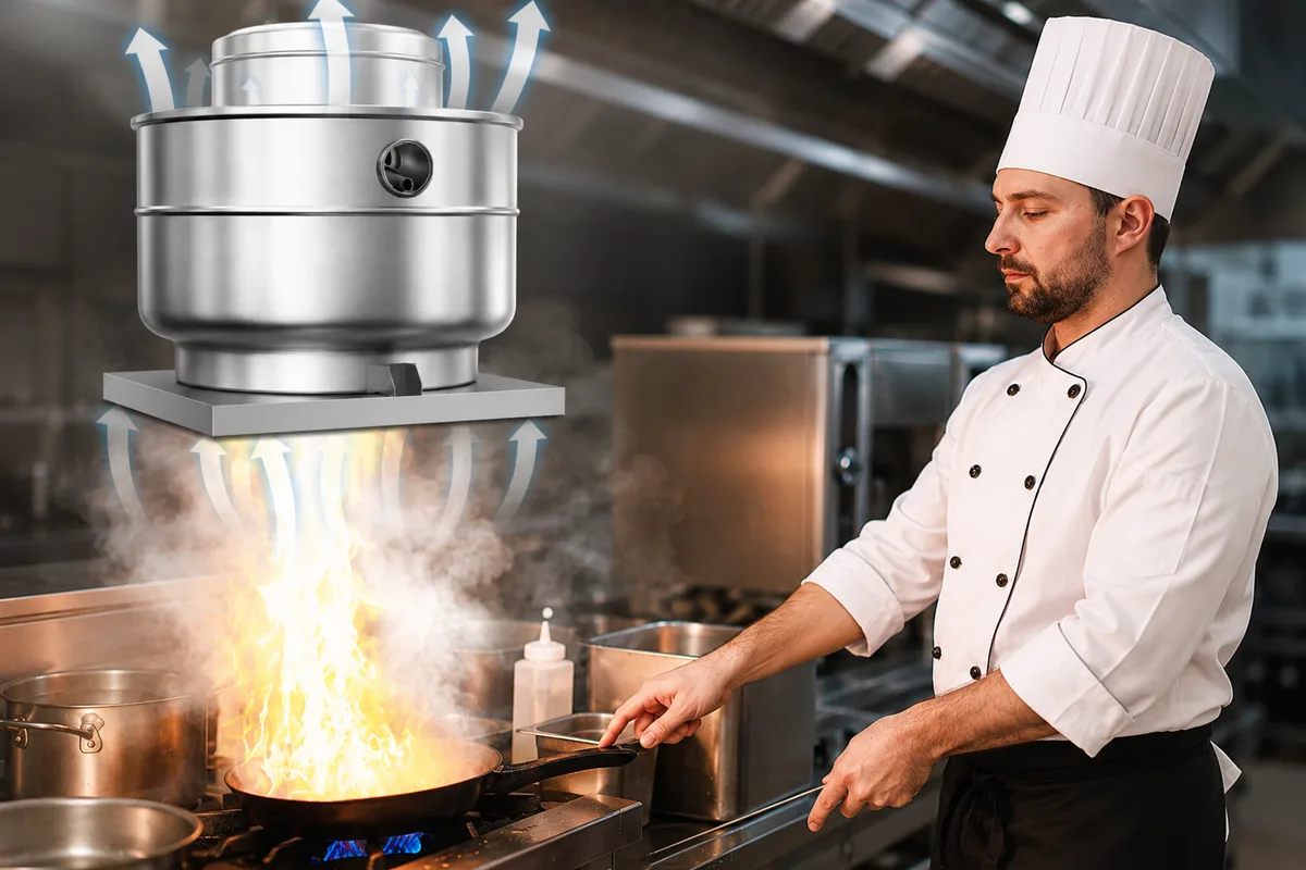 Commercial kitchen exhaust fan removing smoke heat and odor above cooking equipment