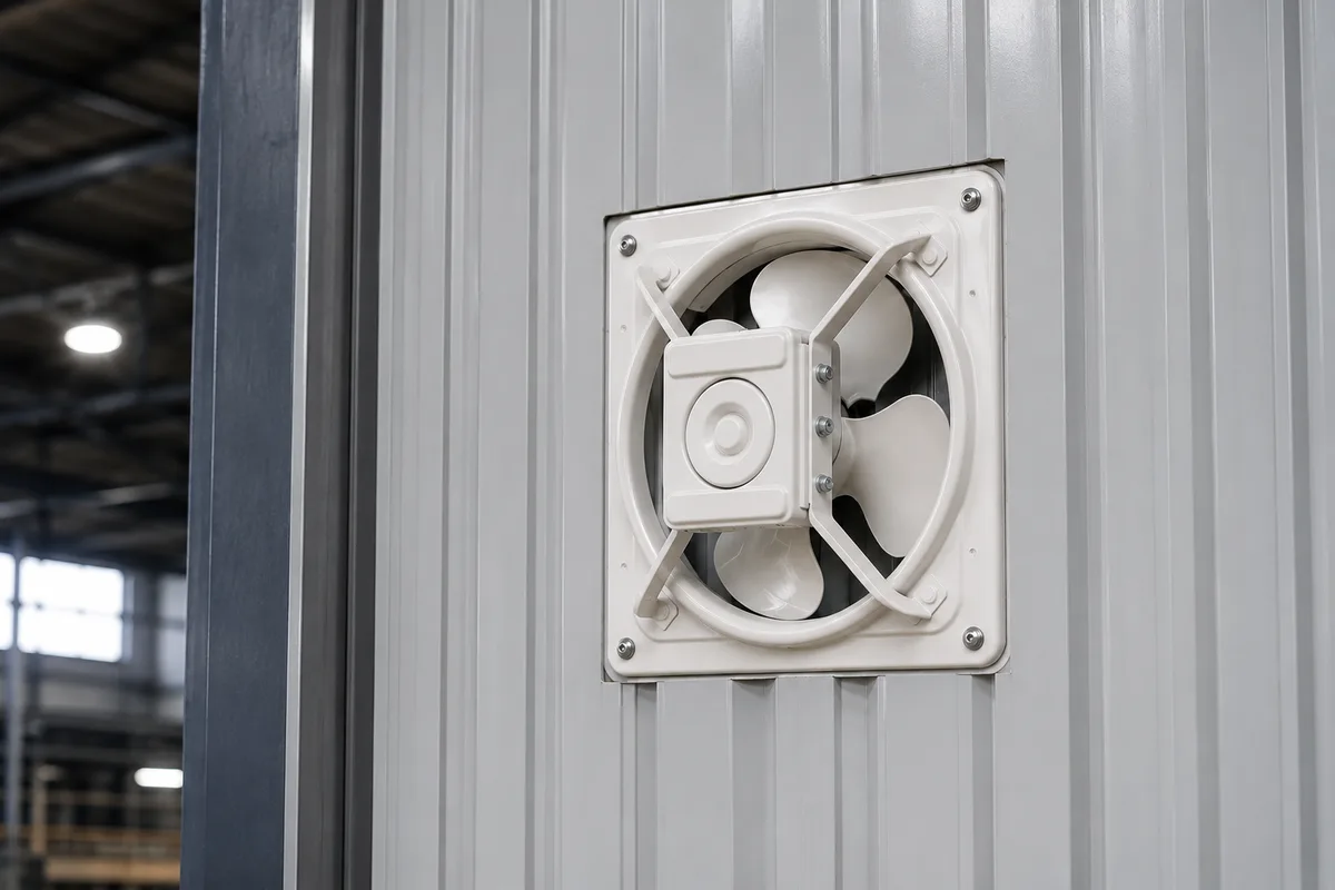 Wall mounted exhaust fan installed in an industrial wall opening